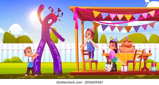 Girl celebrate birthday with friends on house backyard with waky air man and festive decoration, cake with candles and garlands. Little children celebrating party outdoors, Cartoon vector illustration