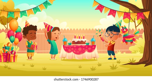 Girl celebrate birthday with friends, receive gift on house backyard with decoration, festive cake with candles. Little child in hat get present from guests. Children party Cartoon vector illustration