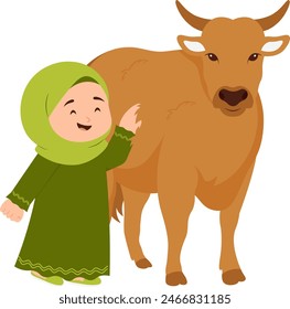 Girl Celebrate Eid Al-Adha With Cow Illustration