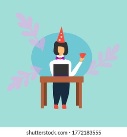 girl celebrates her birthday in quarantine, sits at a table and communicates via video communication vector illustration
