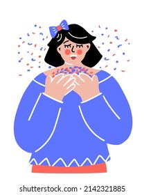 Girl celebrating Birthday. Cute young woman blowing confetti. Funny happy mood concept. Illustration for greeting, party concept, avatar, social media status design.