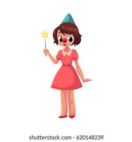 Girl celebrating birthday, holding star stick, wearing clown red nose, cartoon vector illustration isolated on white background. Full length portrait of little girl in birthday cap with star stick