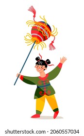 Girl celebrating Chinese New Year. Traditional Asian festival vector illustration. Happy kid walking on holiday holding round object on white background. Oriental celebration culture.