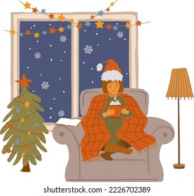 girl celebrating christmas at home vector illustration