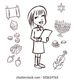 Girl celebrating Hanukkah. Hand drawn vector illustration.