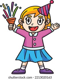 Girl Celebrating New Year Cartoon Colored Clipart