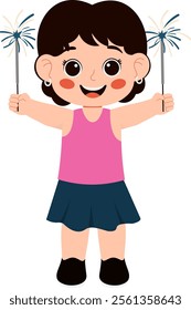 Girl Celebrating New Year Holding Firecrackers Illustration