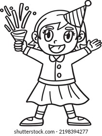 Girl Celebrating New Year Isolated Coloring Page 