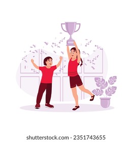 Girl celebrating success with a little boy. Winning competence. Trend Modern vector flat illustration