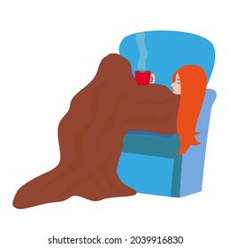 Girl in the chair with a blanket and a cup of hot tea on a white background