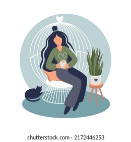 The girl in the chair drinks a hot drink. Next to a flower and a cat. Cozy interior, illustration, vector, design