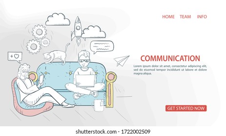 girl in a chair, guy on the couch, chat online on the web, For a Website Or Mobile App, Artificial Intelligence Concept, contour Vector Illustration in the style of Doodle sketch
