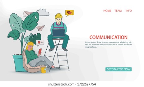 a girl in a chair and a guy on the stairs, chatting, banner For a Website Or Mobile App, Artificial Intelligence Concept, contour color Vector Illustration in the Doodle style