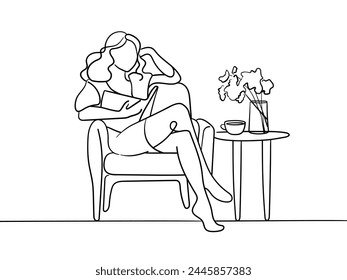 Girl in a chair read book continuous line art drawing isolated on white background. Meditation line art drawing. Vector illustration