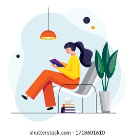 Girl in a chair reads a book, vector