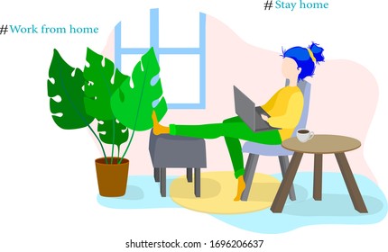 girl in chair working at home with laptop freelance room design flat vector illustration web