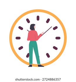 Mädchen ändert die Zeit. Flache junge Frau bewegt die Hände auf große Uhr. Die Zeit wird knapp, die Fristen, das Arbeitsmanagement. Beschleunigung des Arbeitsprozesses, Vektorszene