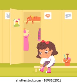 Girl changing clothes at lockers in kindergarten. Little kid sitting on bench and putting on boots in winter vector illustration. Locker with open door. Preschool children.