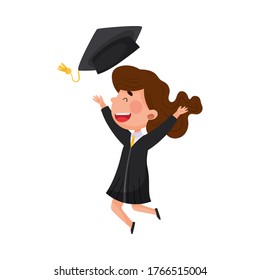 Girl Character in Academic Gown and Square Cap Cheering About Graduation Ceremony Vector Illustration