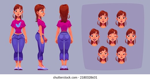 Girl character for animation, side, rear, front view and emotions. Young caucasian woman body and face construction. Avatar with different expressions. Cartoon female personage, Vector illustration