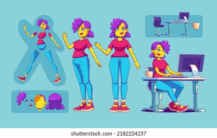 Girl character for animation, woman side and front view. Body and face constructor and workplace desk with pc. Contemporary cartoon female office worker or freelancer personage, Vector illustration