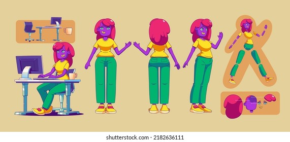 Carácter de niña para la animación, vista frontal lateral de la mujer. Constructor de cuerpo y rostro y escritorio de trabajo con pc. Dibujo contemporáneo de una trabajadora de oficina o de un profesional independiente, ilustración vectorial