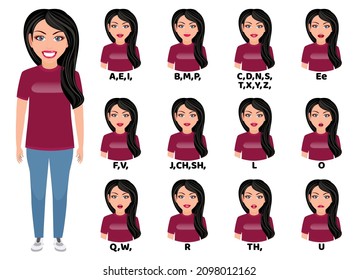 Girl character avatar and with mouth animation pack with lip syncing set for animation and sound pronunciation wearing beautiful outfit isolated