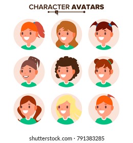 Girl Character Avatar Set Vector. Woman Face, Emotions. Default Female Avatar Placeholder Collection. Cartoon, Comic People Art Flat Isolated Illustration
