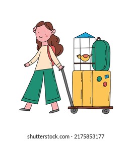 Girl character with baggage hand drawn flat illustration isolated on white. Tourist concept.