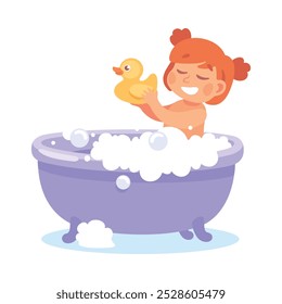 Girl Character in Bathroom Bathing in Bathtub Enjoy Morning Routine Vector Illustration