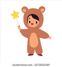 Girl Character in Bear Costume Celebrate Christmas Holiday at Winter Vector Illustration