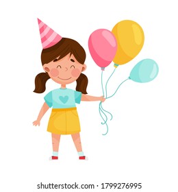 Girl Character in Birthday Hat Carrying Bunch of Balloons Vector Illustration