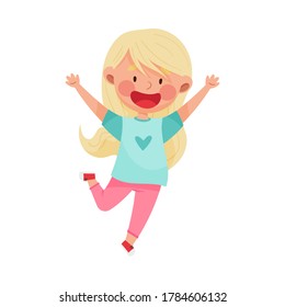 Girl Character with Blonde Hair Jumping High with Joy and Excitement Vector Illustration