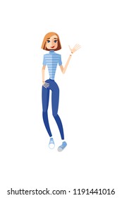 Girl character in a blue tshirt standing greeting and waving. Female character in a striped shirt and blue pants giving hi five. Mascot for a business. Avatar for a game