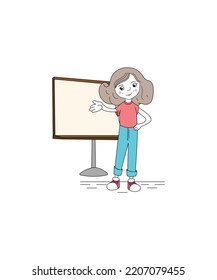 Girl Character With Board. Corporate Clip Art Vector. Perfect For Coloring Book, Textiles, Icon, Web, Painting, Children's Books, T-shirt Print.