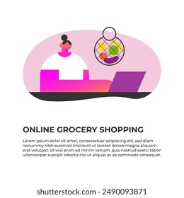 Girl Character buying fresh organic fruit, vegetables in online grocery shop by laptop. Local production support concept. Flat Vector illustration.