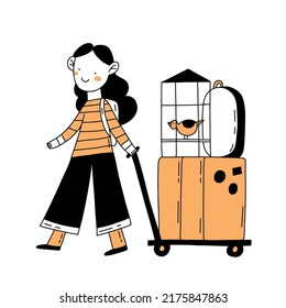 Girl character carry bags hand drawn outline illustration in doodle style isolated on white. World tourism day concept.