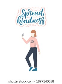 Girl character in cartoon flat style with positive lettering slogan. Minimalism female person design. Friendly concept with calligraphy phrase. Happy woman. Vector illustration