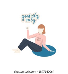 Girl character in cartoon flat style with positive lettering slogan. Minimalism female person design. Friendly concept with calligraphy phrase. Happy woman. Vector illustration