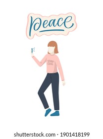 Girl character in cartoon flat style with positive lettering slogan. Minimalism female person design. Friendly concept with calligraphy phrase. Happy woman. Vector illustration