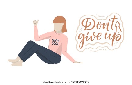 Girl character in cartoon flat style with positive lettering slogan. Minimalism female person design. Friendly concept with calligraphy phrase. Happy woman. Vector illustration