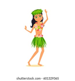 Girl character. Cartoon vector flat infographic illustration travel. Woman in Hawaii, garland of flowers, national skirt and wreath of leaves. Isolated on white background