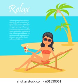 Girl character. Cartoon vector flat illustration travel. Tanned woman in a lounge chair on the shore of the ocean, dressed in swimsuit with a cocktail in hand. Vacation on the beach under palm trees