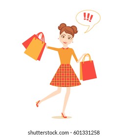 Girl character. Cartoon vector flat style illustration. Young woman enjoys shopping. Many packages with purchases.
