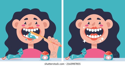 Girl character cleaning teeth concept. Vector flat cartoon design element illustration