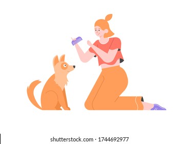 Girl character with comb and cute shaggy dog. Groomer for animals. Combing pet hair. Vector flat illustration.