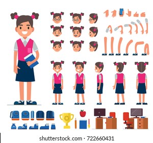 Girl Character Constructor For Animation. Flat Style Vector Illustration Isolated On White Background.  