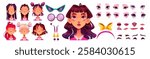 Girl character constructor with face expressions, hairstyles and accessories. Animated female avatar elements - eyes, lips, brows, sunglasses, earrings and bows. Cartoon portrait customization set.