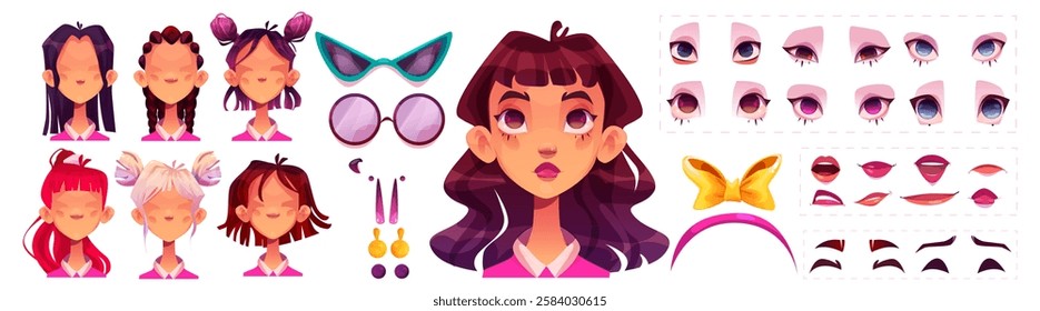 Girl character constructor with face expressions, hairstyles and accessories. Animated female avatar elements - eyes, lips, brows, sunglasses, earrings and bows. Cartoon portrait customization set.