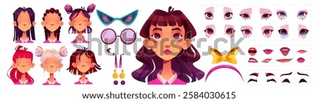 Girl character constructor with face expressions, hairstyles and accessories. Animated female avatar elements - eyes, lips, brows, sunglasses, earrings and bows. Cartoon portrait customization set.